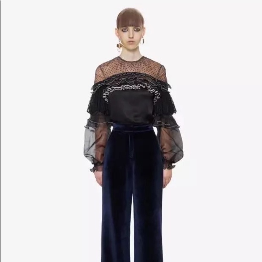 Self Portrait Black Ruffle Detail Lace Blouse sz4
